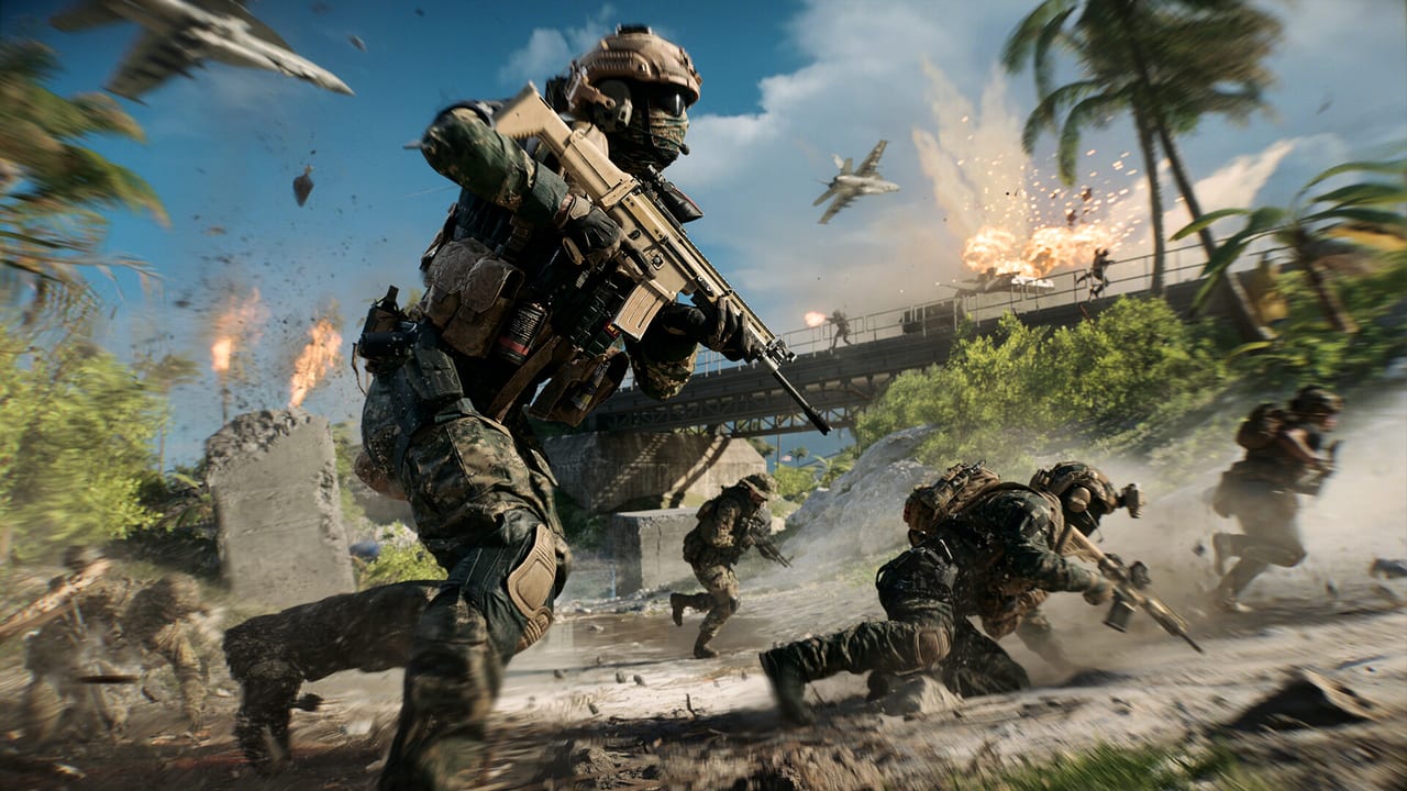 Battlefield 6 combined-arms battle with armor and infantry across an open objective